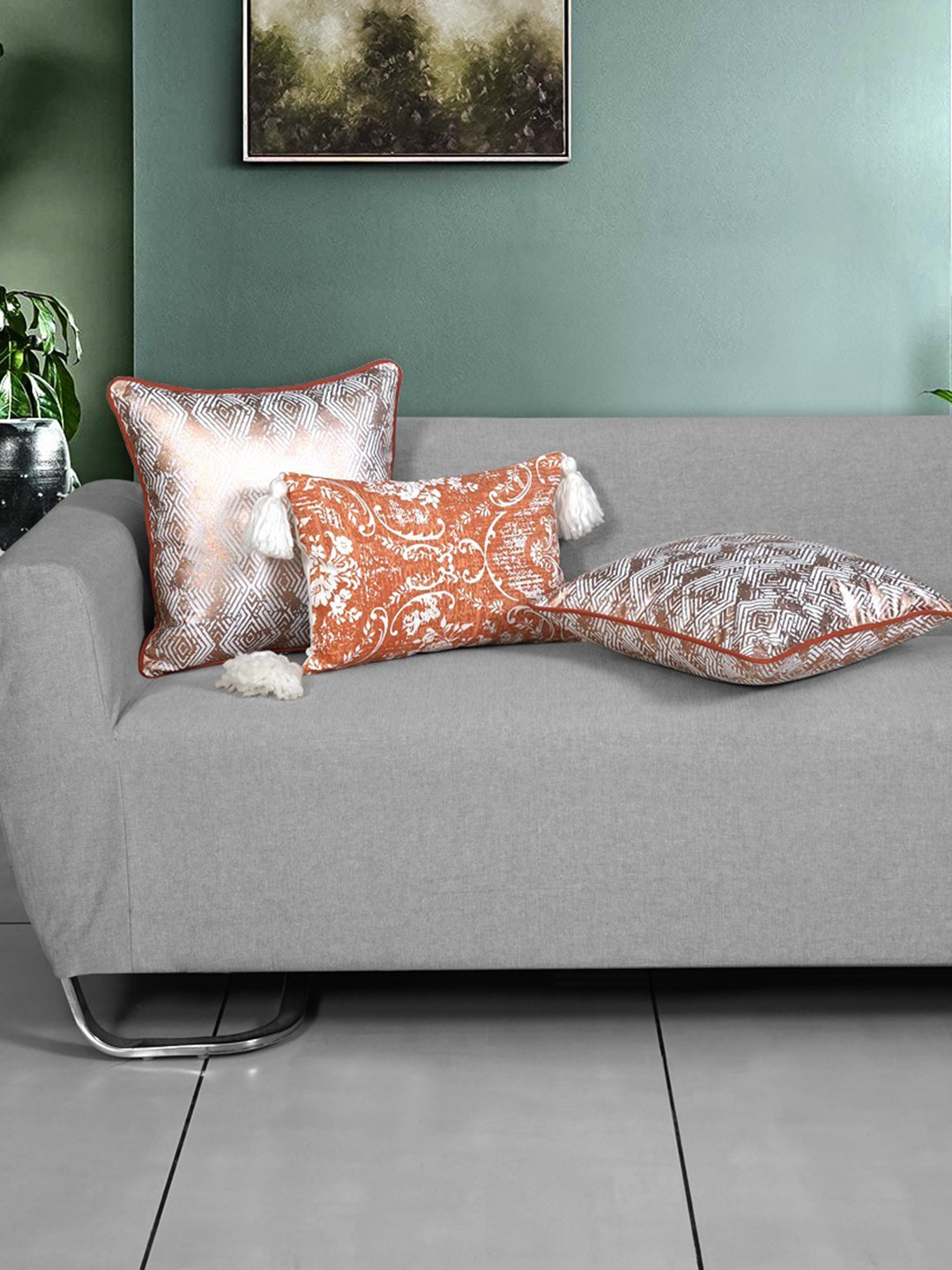 Ode & Cleo Orange & White Set of 3 Embroidered Square Cushion Covers