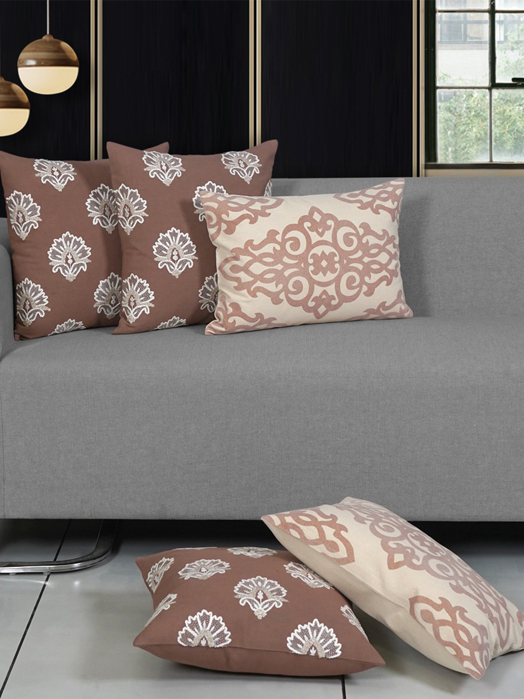 Ode & Cleo Beige & Brown 5 Pieces Ethnic Motifs Pure Cotton Cushion Covers