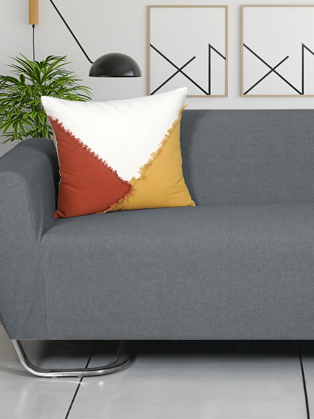 Ode & Cleo Set of 3 Mustard & White Pure Cotton Square Cushion Cover
