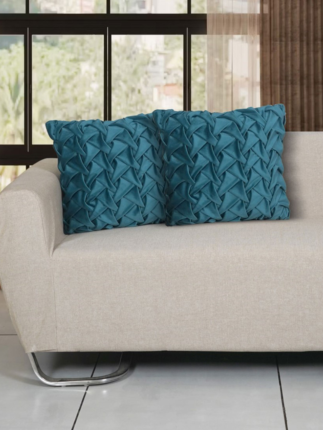 Ode & Cleo Self Design Other Quick-Dry 2 Pcs Textured Cushion Covers - 17.7 x 17.7 Inches