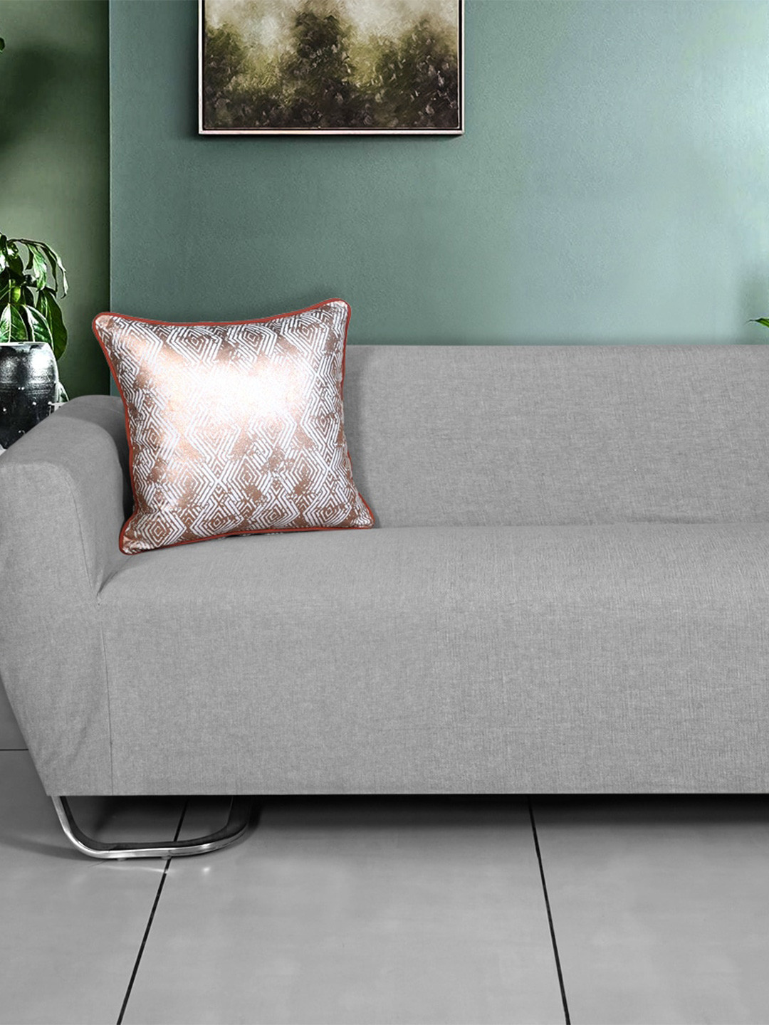 Ode & Cleo Silver Geometric Cotton Embellished Square Cushion Cover -17.7x17.7In