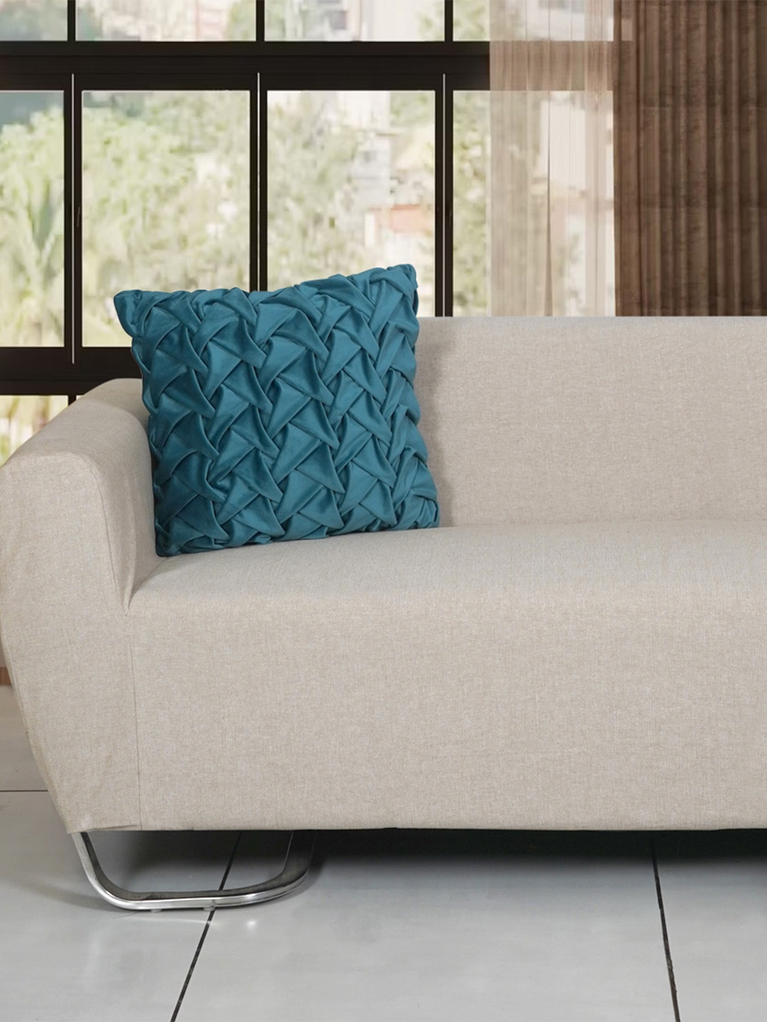 Ode & Cleo Set of 3 Teal Geometric Pure Cotton Square Cushion Cover