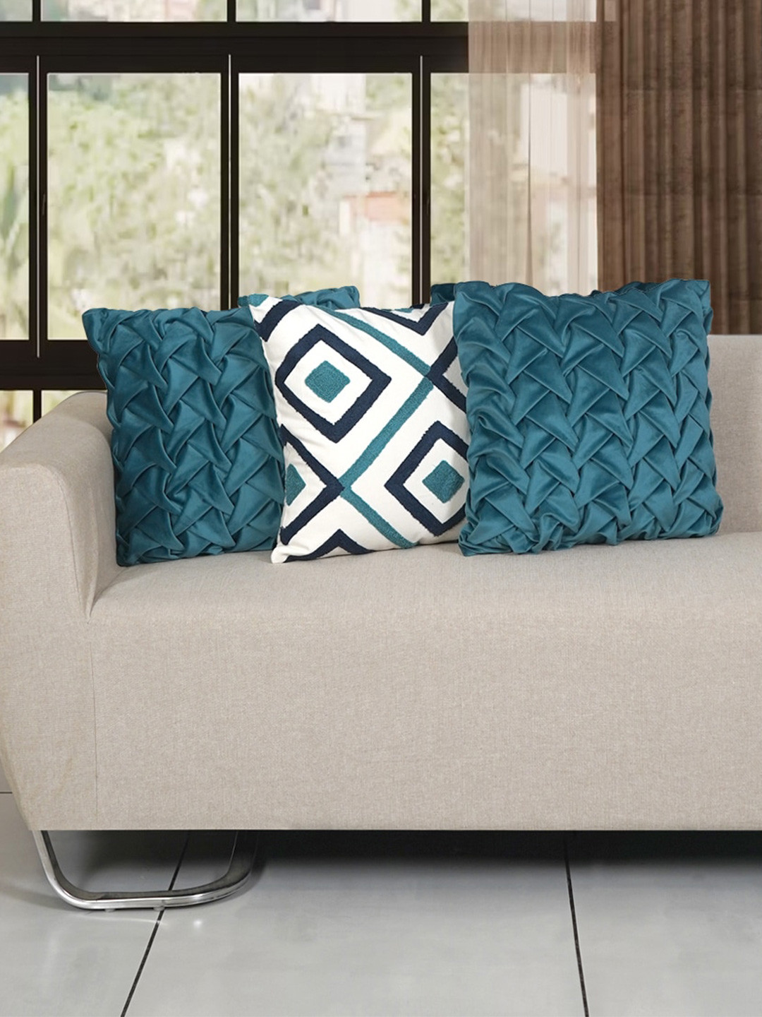 Ode & Cleo Embroidered Cotton 3 Pcs Square Cushion Covers - 17.7 x 17.7 In