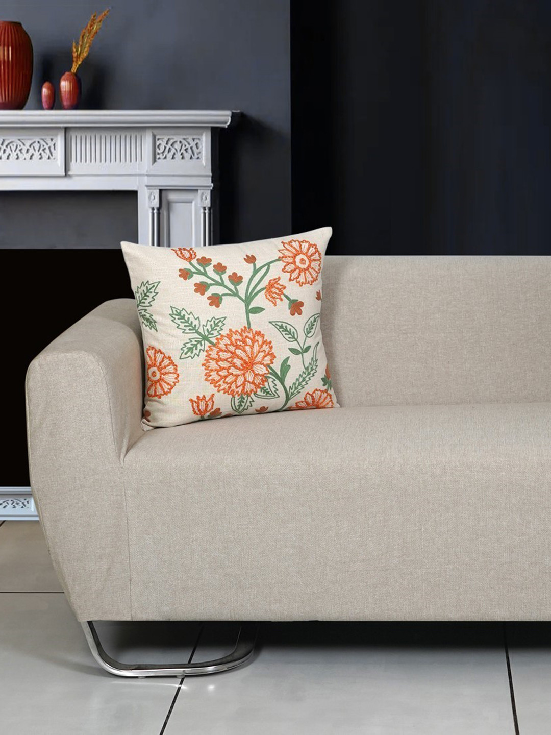 Ode & Cleo Mustard-Yellow Embroidered Cushion Cover