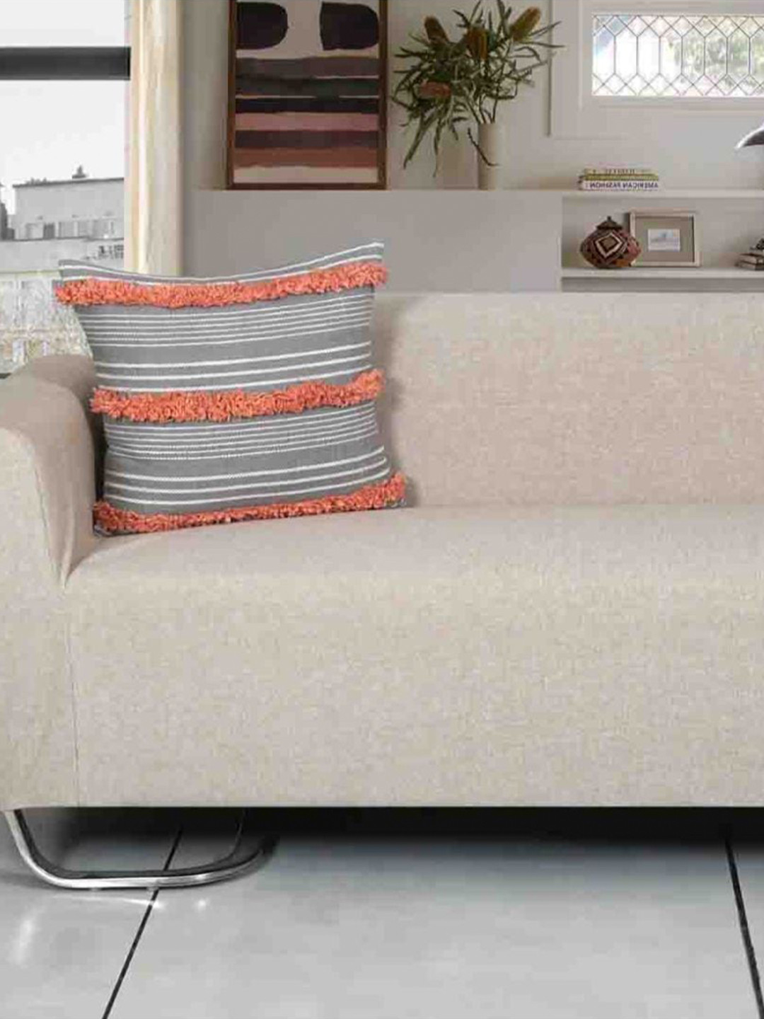 Ode & Cleo Grey & Orange Colored Embroidered Pure Cotton Square Cushion Cover