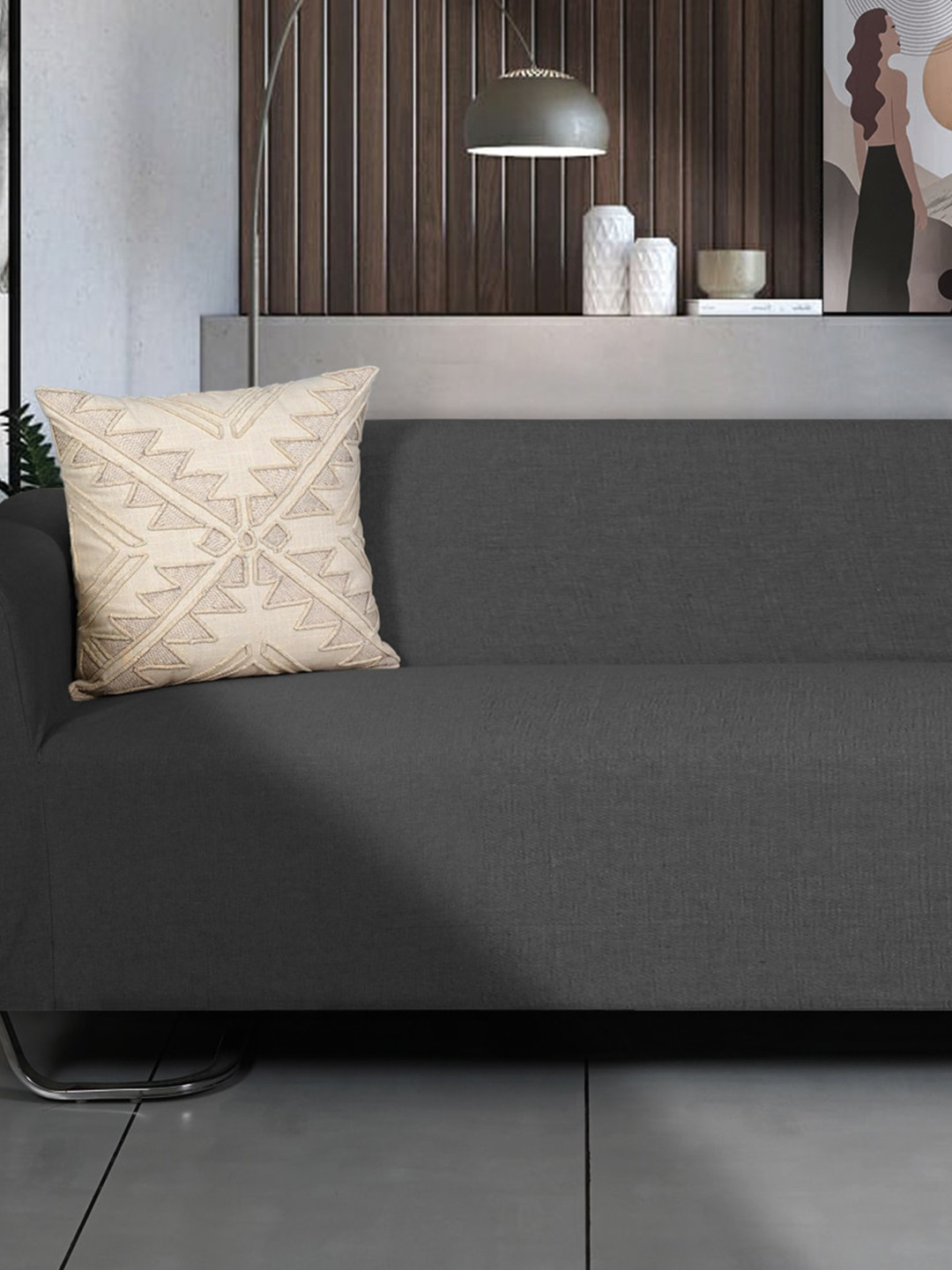 Ode & Cleo Off White Shaneel Thread & Chicken Embroidered Pure Cotton Square Cushion Cover