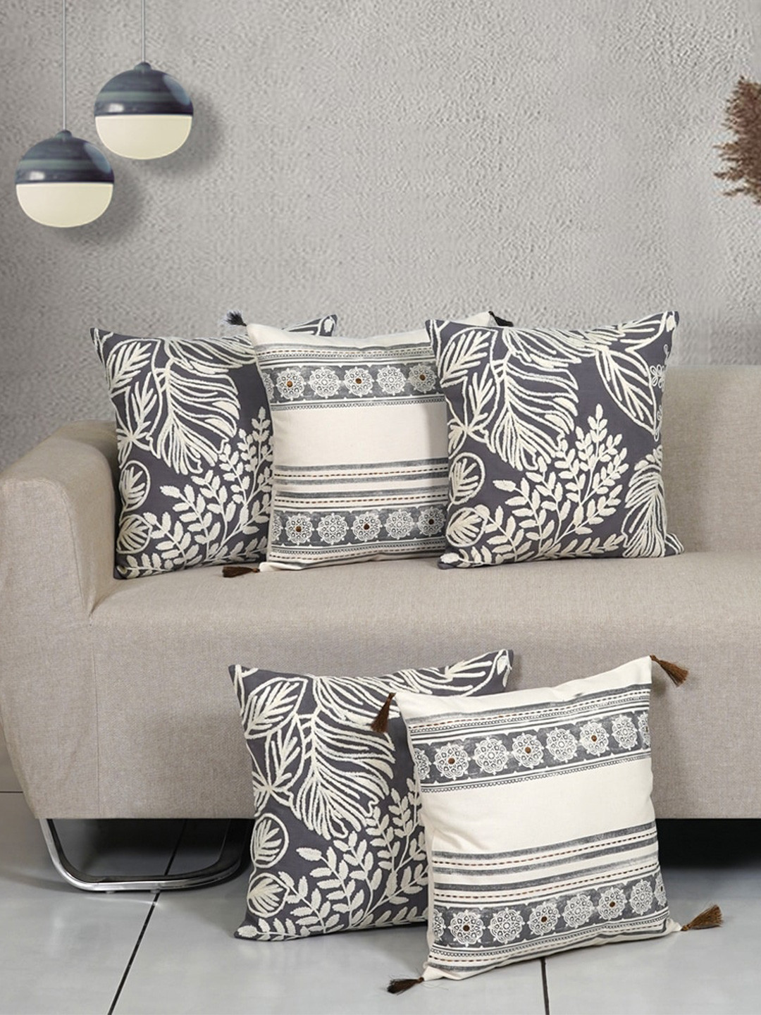 Ode & Cleo Grey Embroidered Cotton Lightweight 5 Pcs Cushion Covers - 17.7 x 17.7 Inches