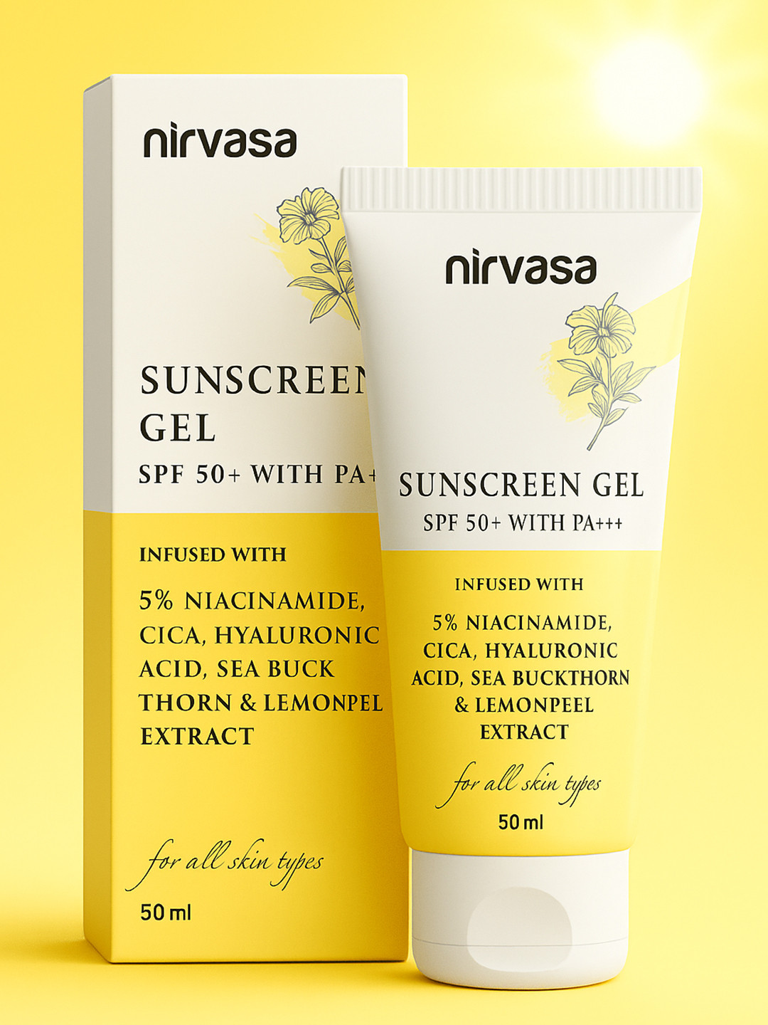 Nirvasa SPF 50+ Sunscreen Gel with & 5% Niacinamide & Hyaluronic Acid - 50 ml