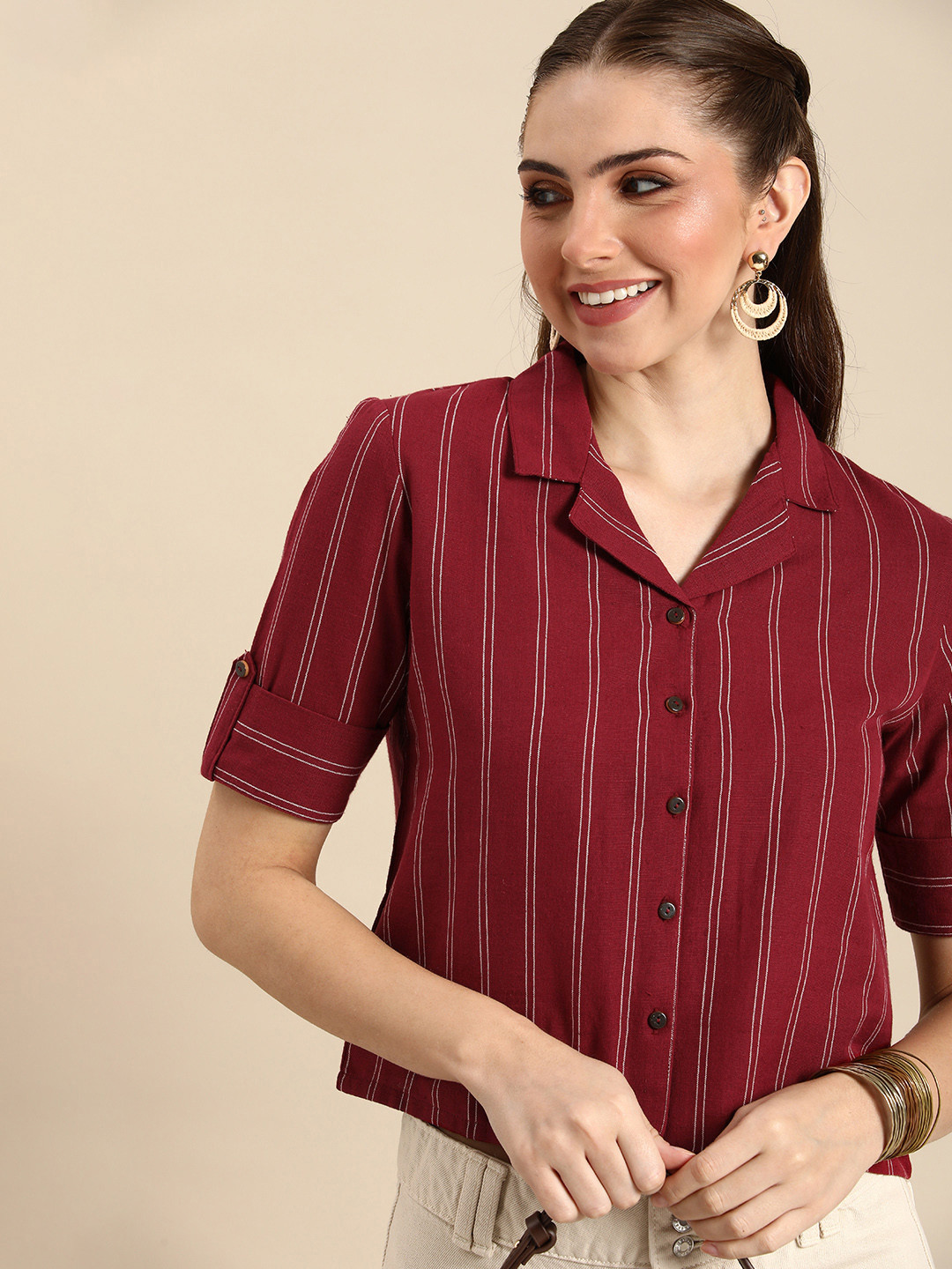 Anouk Red Striped Shirt Collar Crop Top