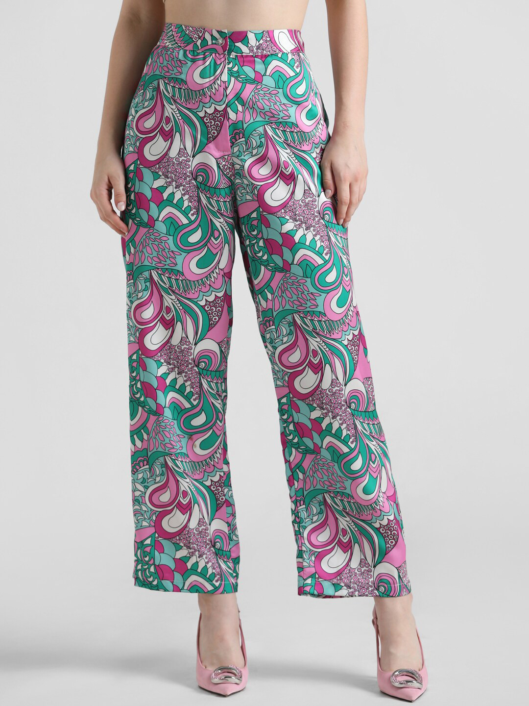 ONLY Women Onl Uextring Ethnic Motifs Printed High-Rise Parallel Trousers