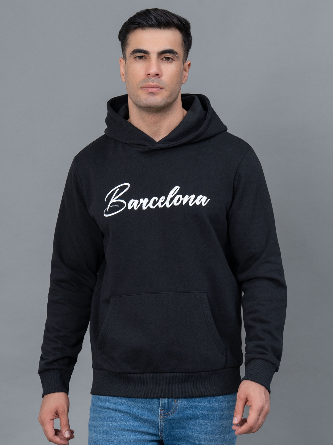 Red Tape Typography Printed Fleece Hooded Sweatshirt