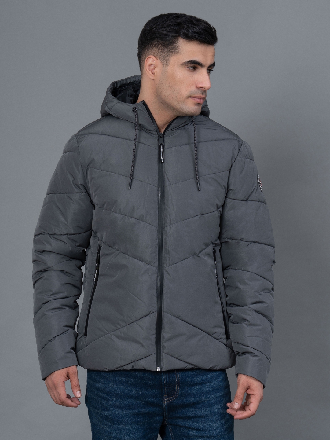 Buy Red Tape Charcoal Grey Solid Polyester Men's Padded Jacket online