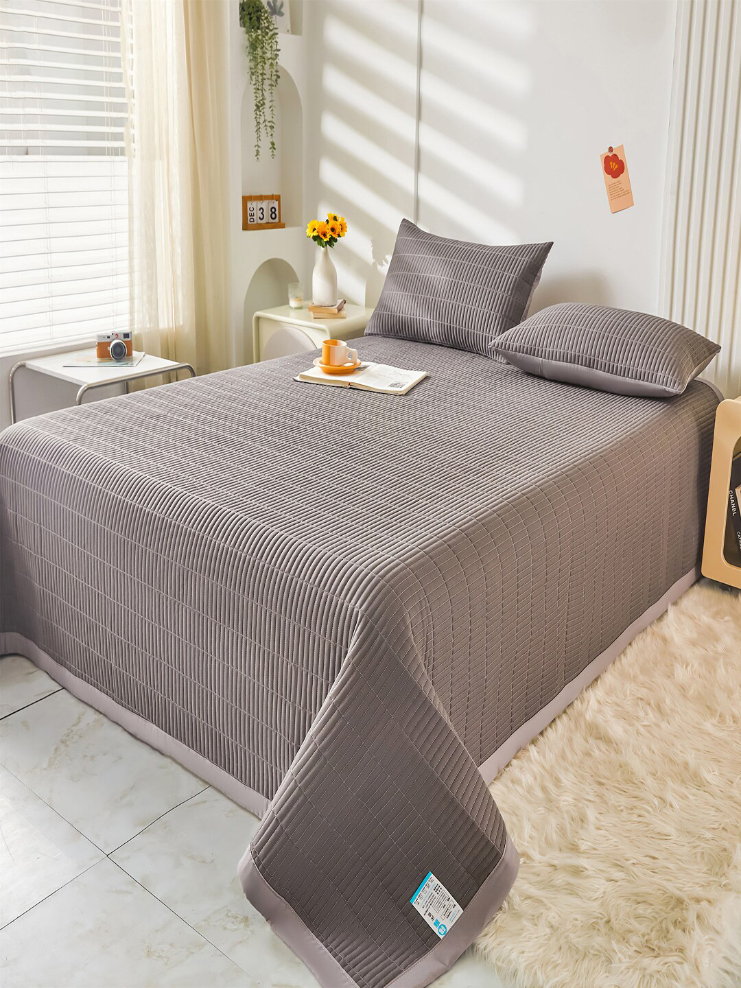 JC HOME Grey Quilted Single Bed Cover With 1 Pillow Cover