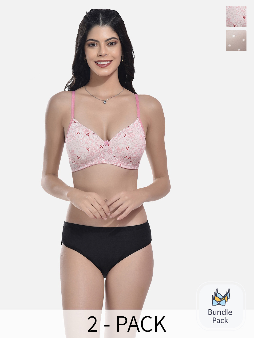 StyFun Pack Of 2 Floral Printed Lycra Lingerie Set-NEW_Set_SLK-Ae_Pink_SLK-Aj_Golden_B