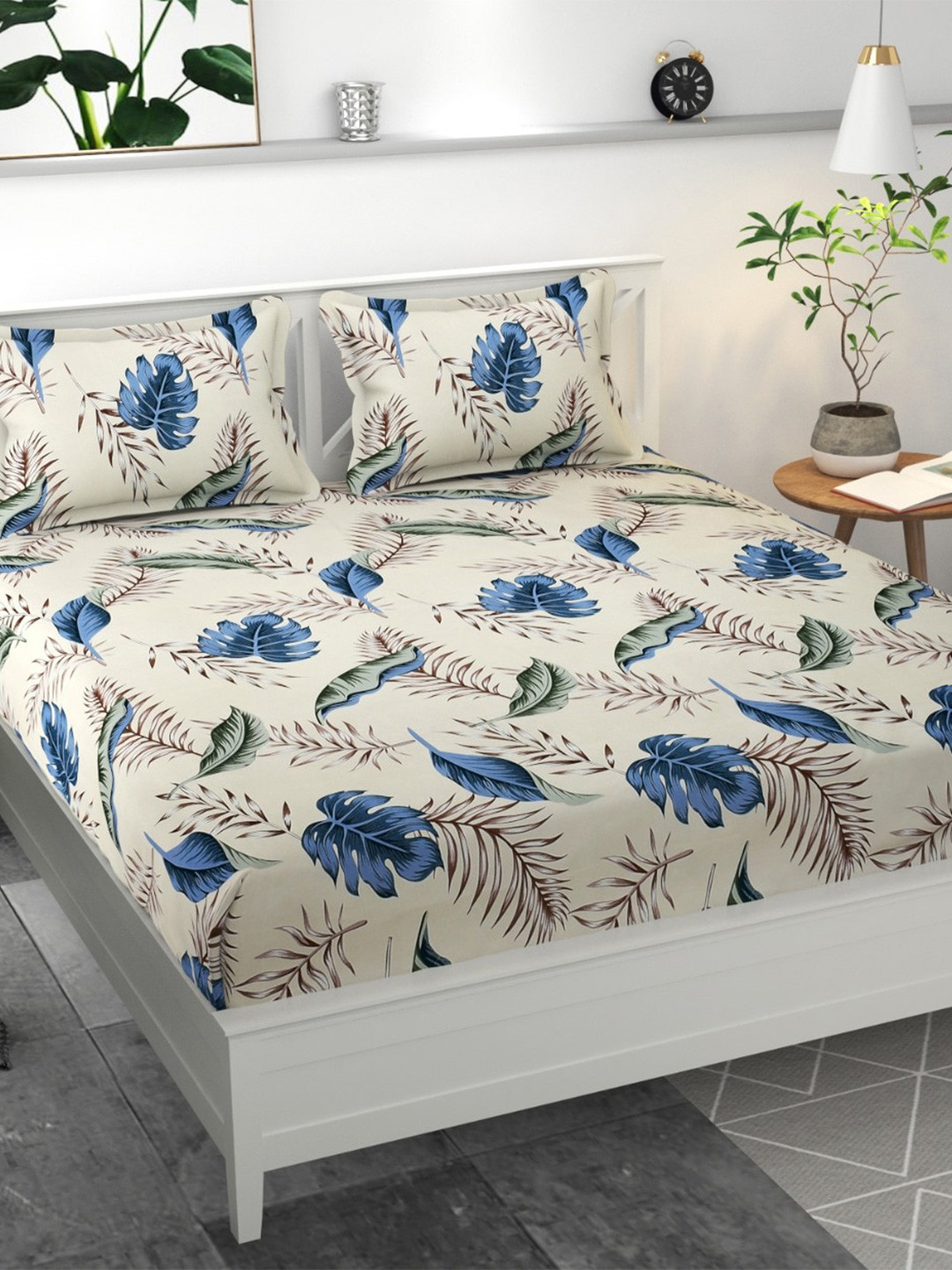 Bajo's Cream Leaf Cotton 300 TC Fitted Queen Superfine Bedsheet with 2 Pillow Covers-225 x 250 cm