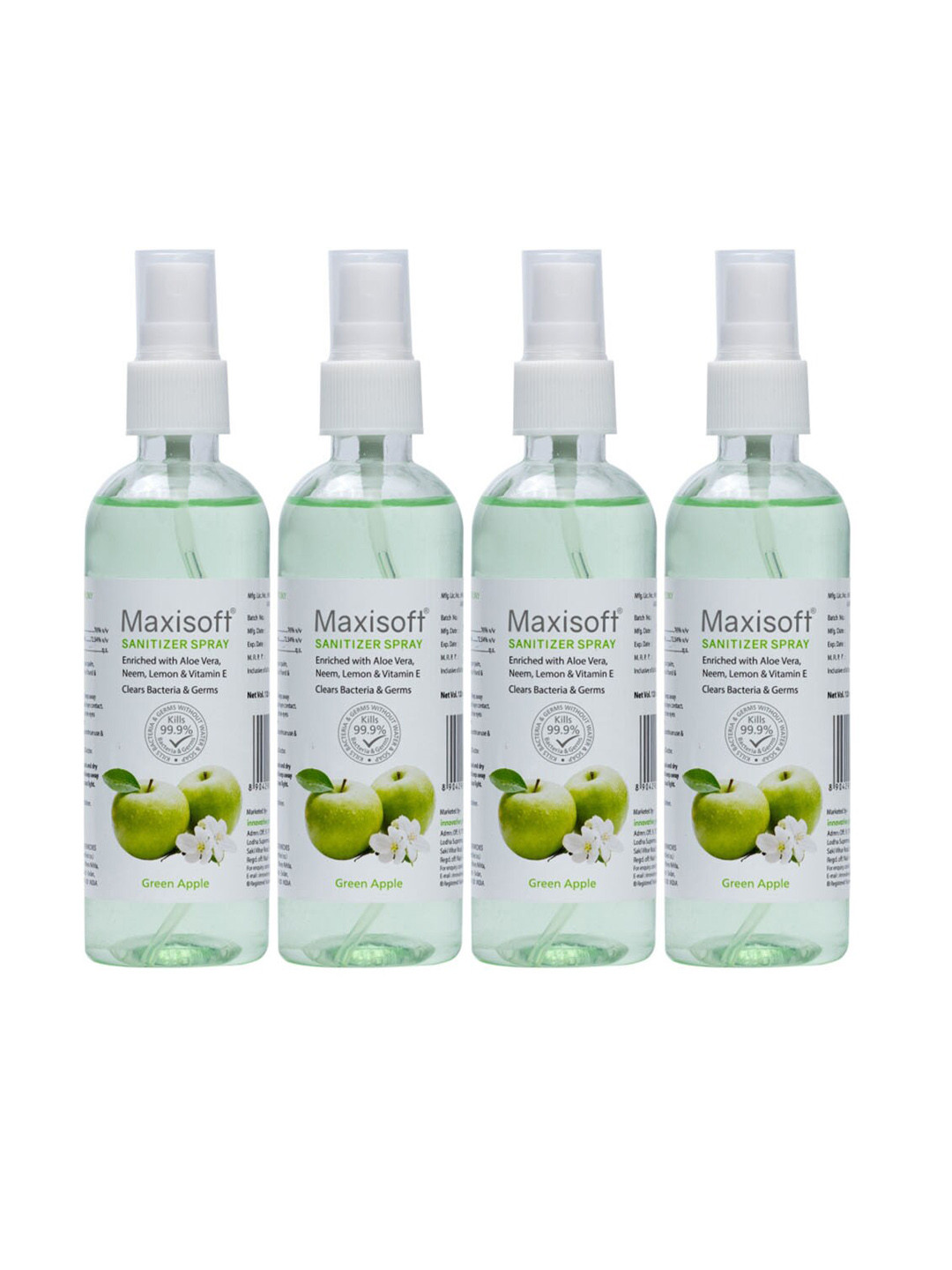 Maxisoft Set Of 4 Green Apple Hand Sanitizer Sprays To Clear Bacteria & Germs - 120ml Each