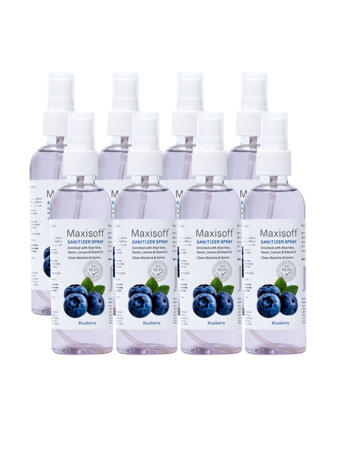 Maxisoft Set Of 8 Blueberry Hand Sanitizer Sprays To Clear Bacteria & Germs - 120ml Each
