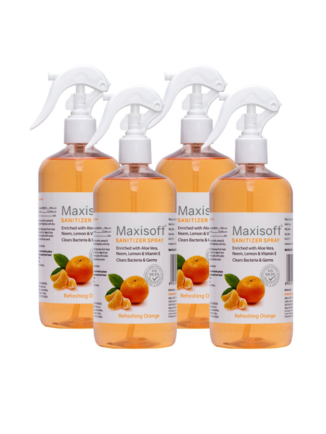 Maxisoft Set Of 4 Refreshing Orange Hand Sanitizer Sprays For Bacteria & Germs- 500ml Each