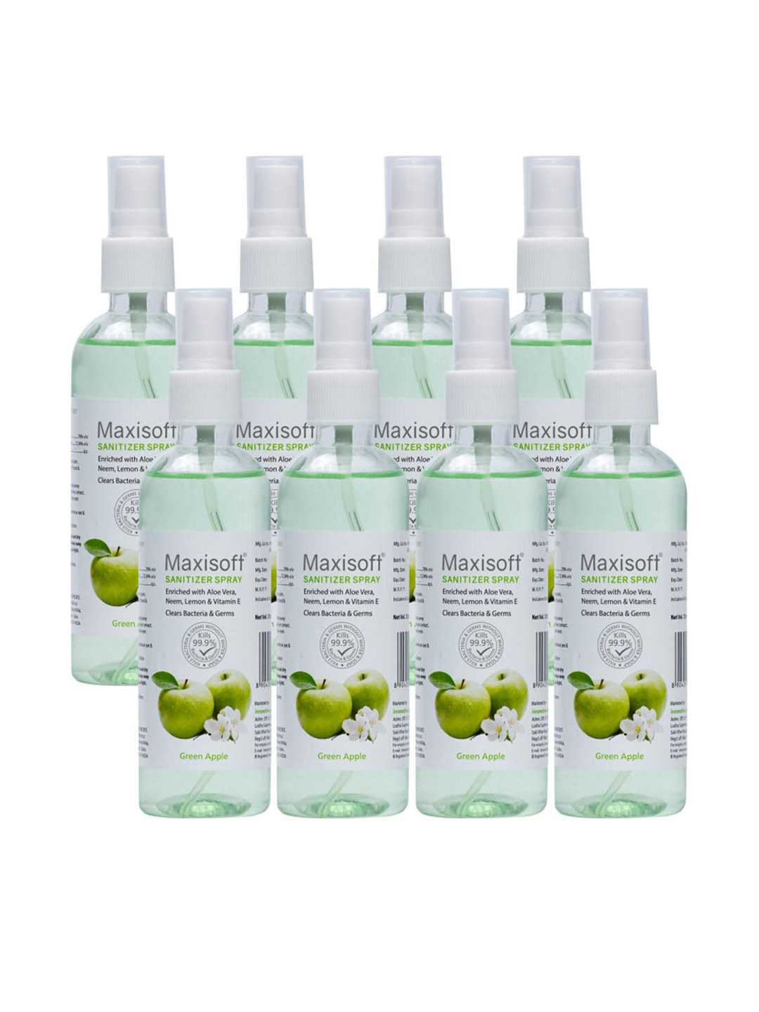 Maxisoft Pack of 8 Green Apple Hand Sanitizer Spray - 120 ml Each