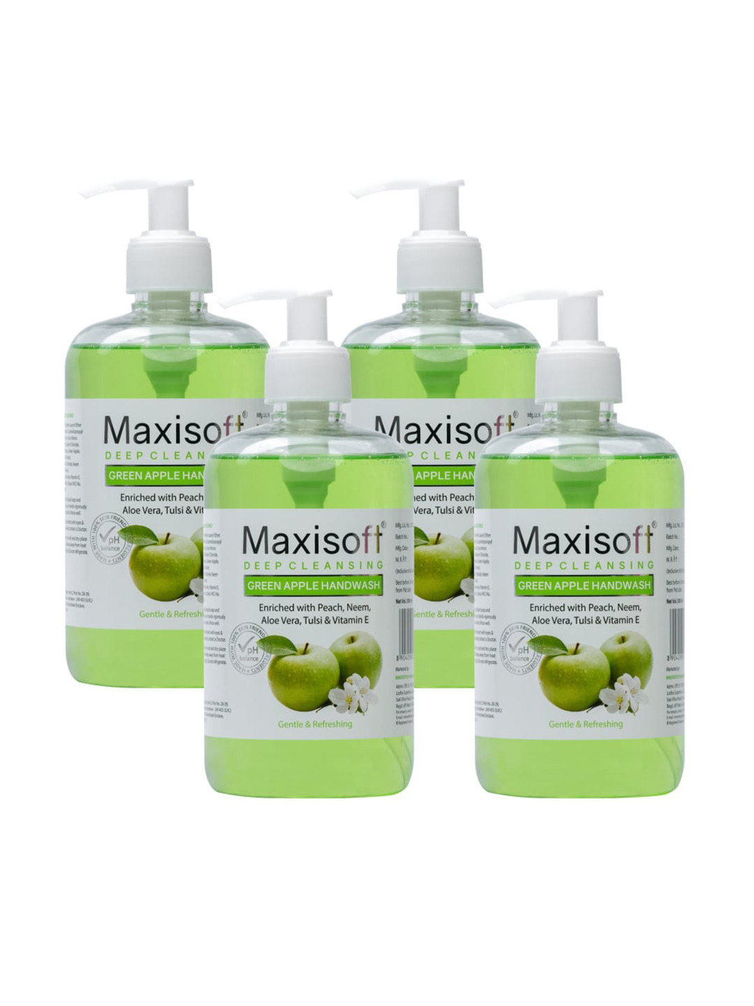 Maxisoft Set Of 4 Green Apple Deep Cleansing Hand Wash with Peach+Neem+Aloe - 500ml Each