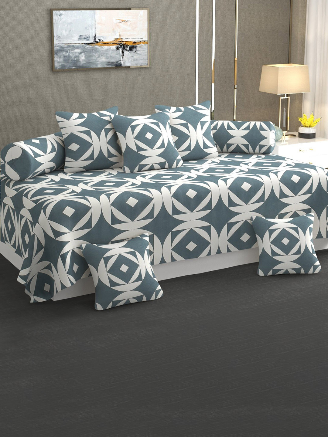 Bajo'sGrey & White 8 Pieces Printed Cotton Diwan Set