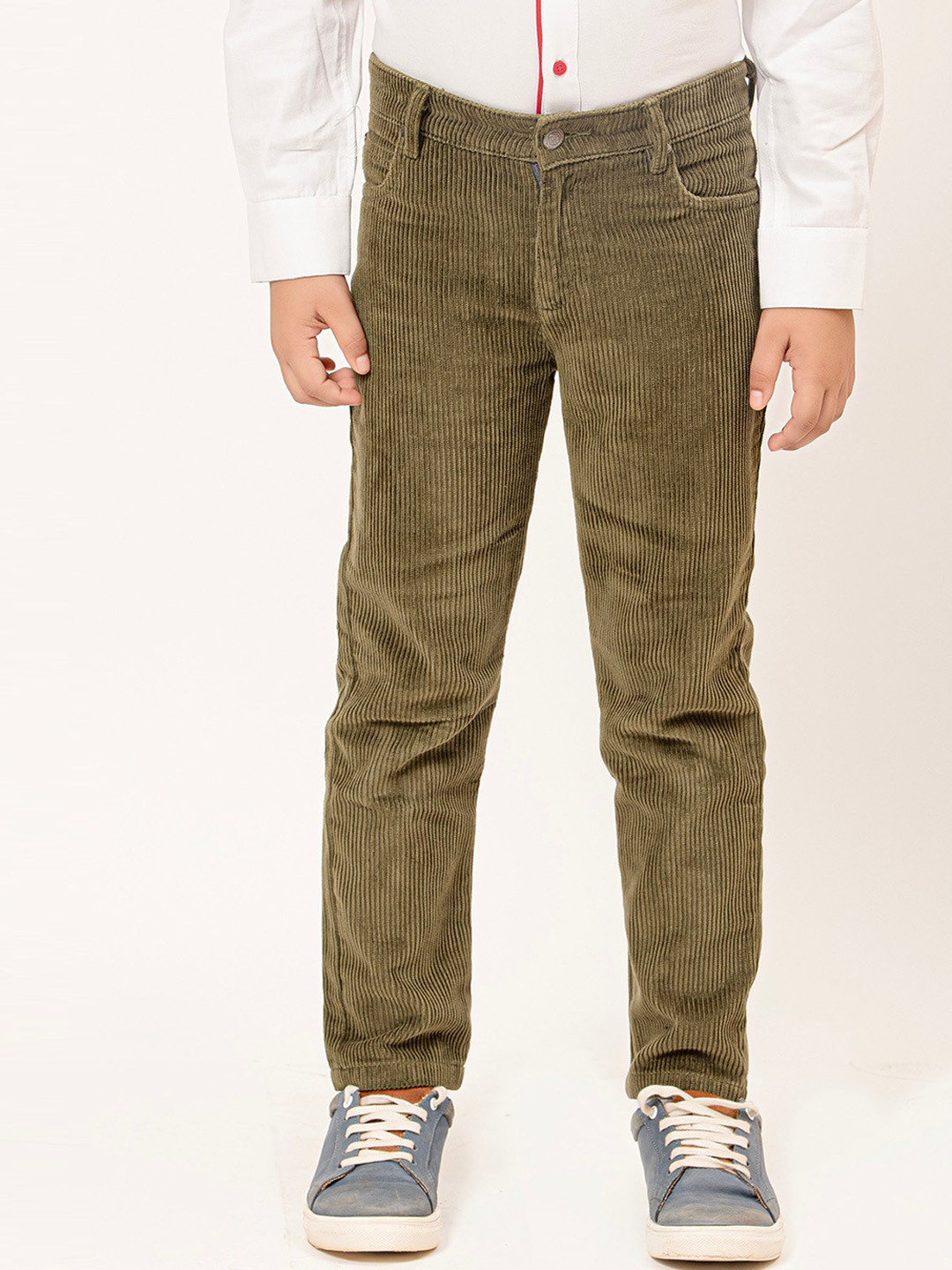 One Friday Boys Green Mid-Rise Relaxed Corduroy Pure Cotton Trousers