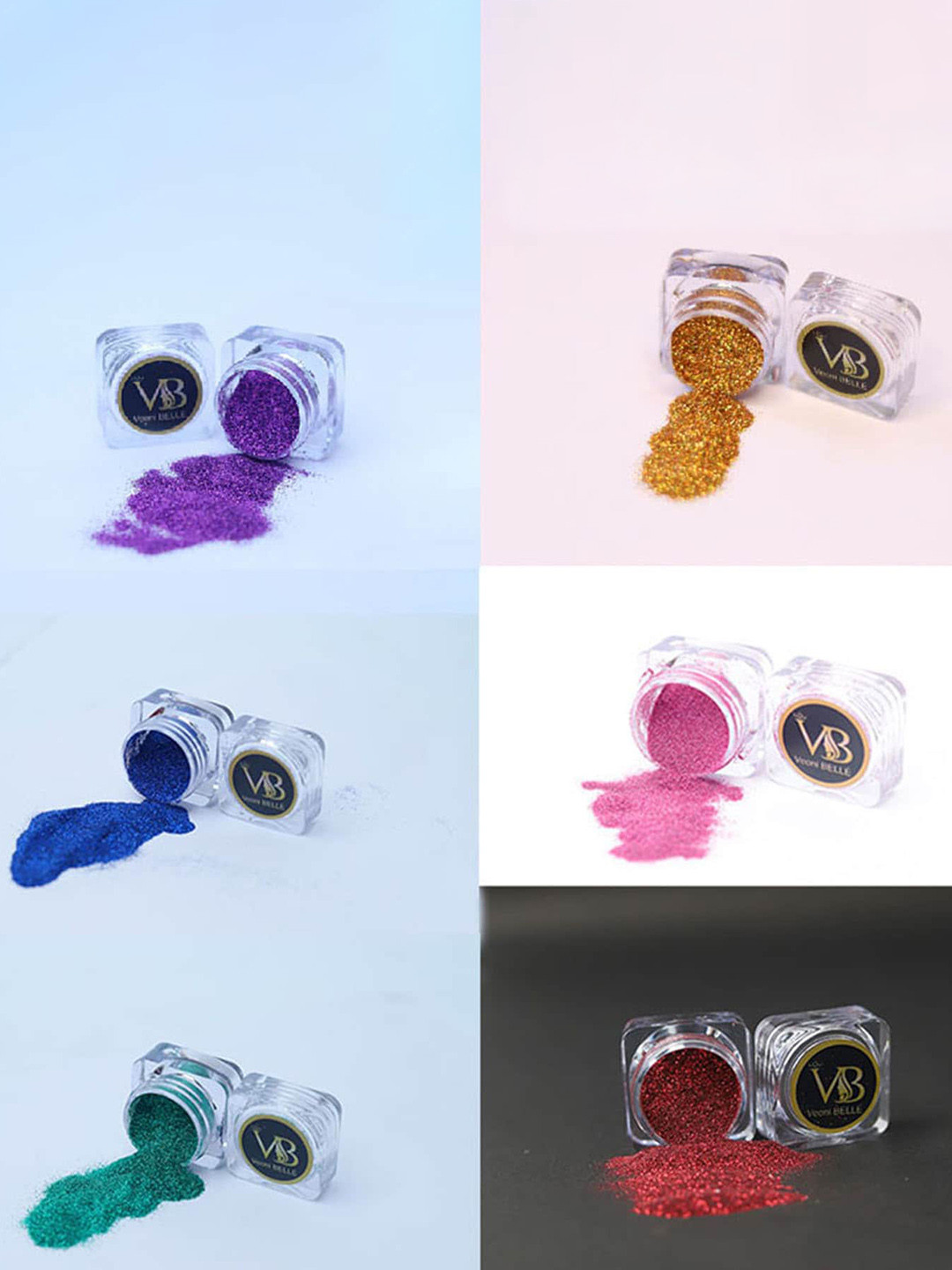 Veoni BELLE Set Of 6 Holographic Ultra Fine Iridescent Laser Glitter Powder - Dark shades