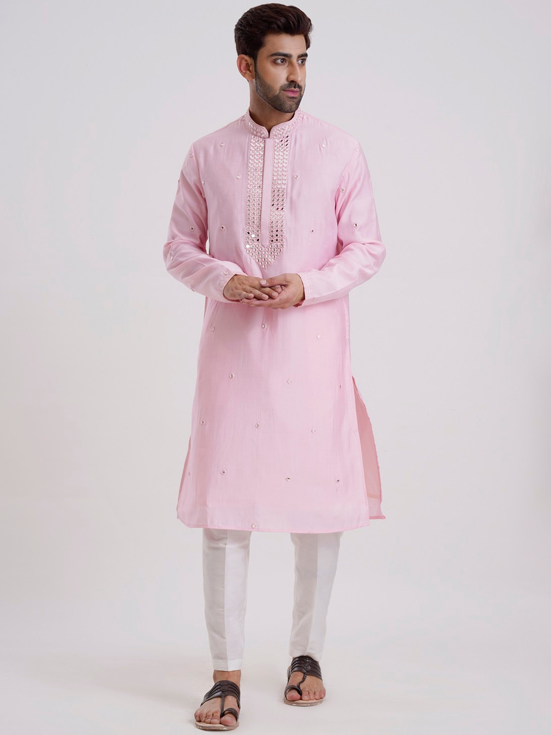 KALPRAAG Pink Cotton Silk Mirror Work Kurta