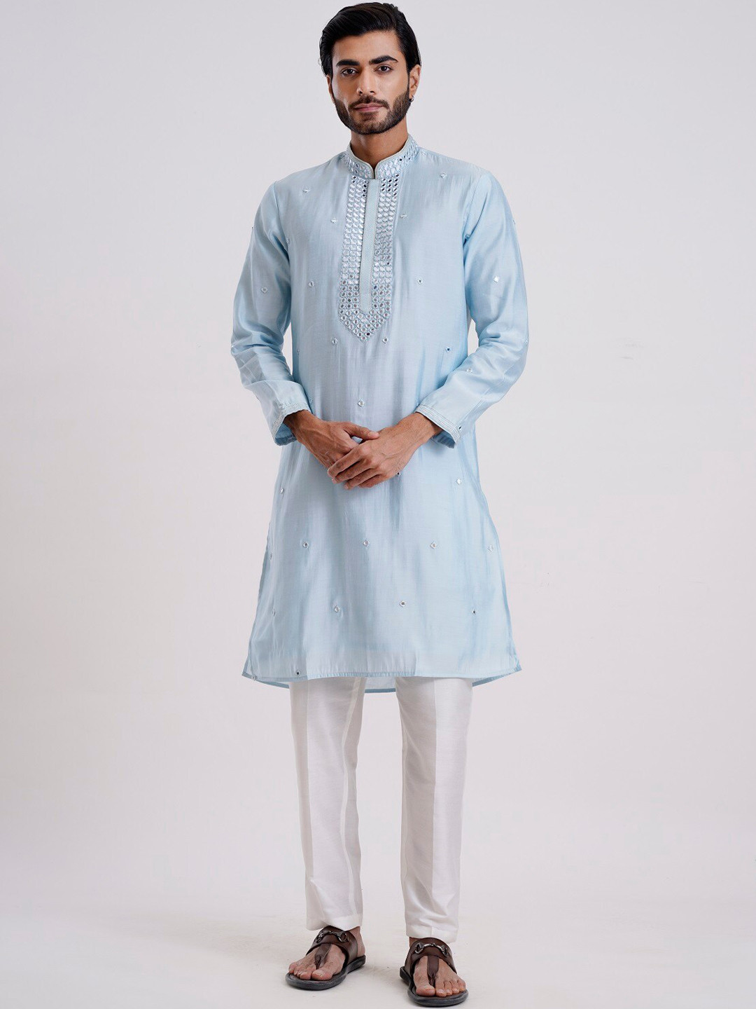 KALPRAAG Powder Blue cotton Silk Mirror Work Kurta