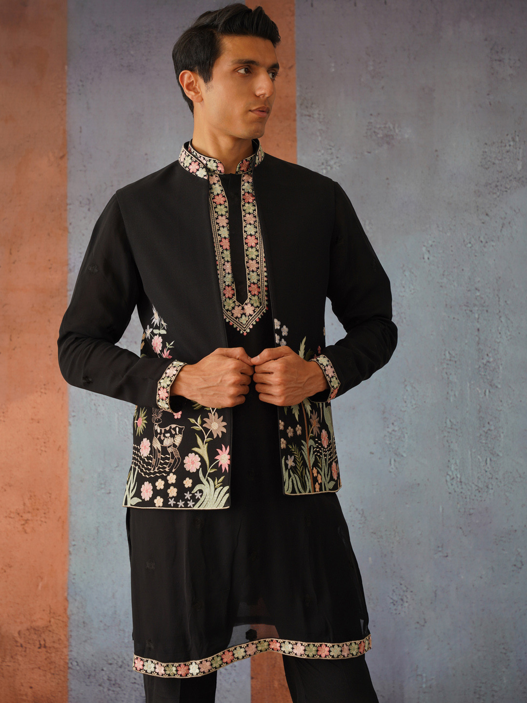 KALPRAAG Midnight Black Open Jacket Kurta Set