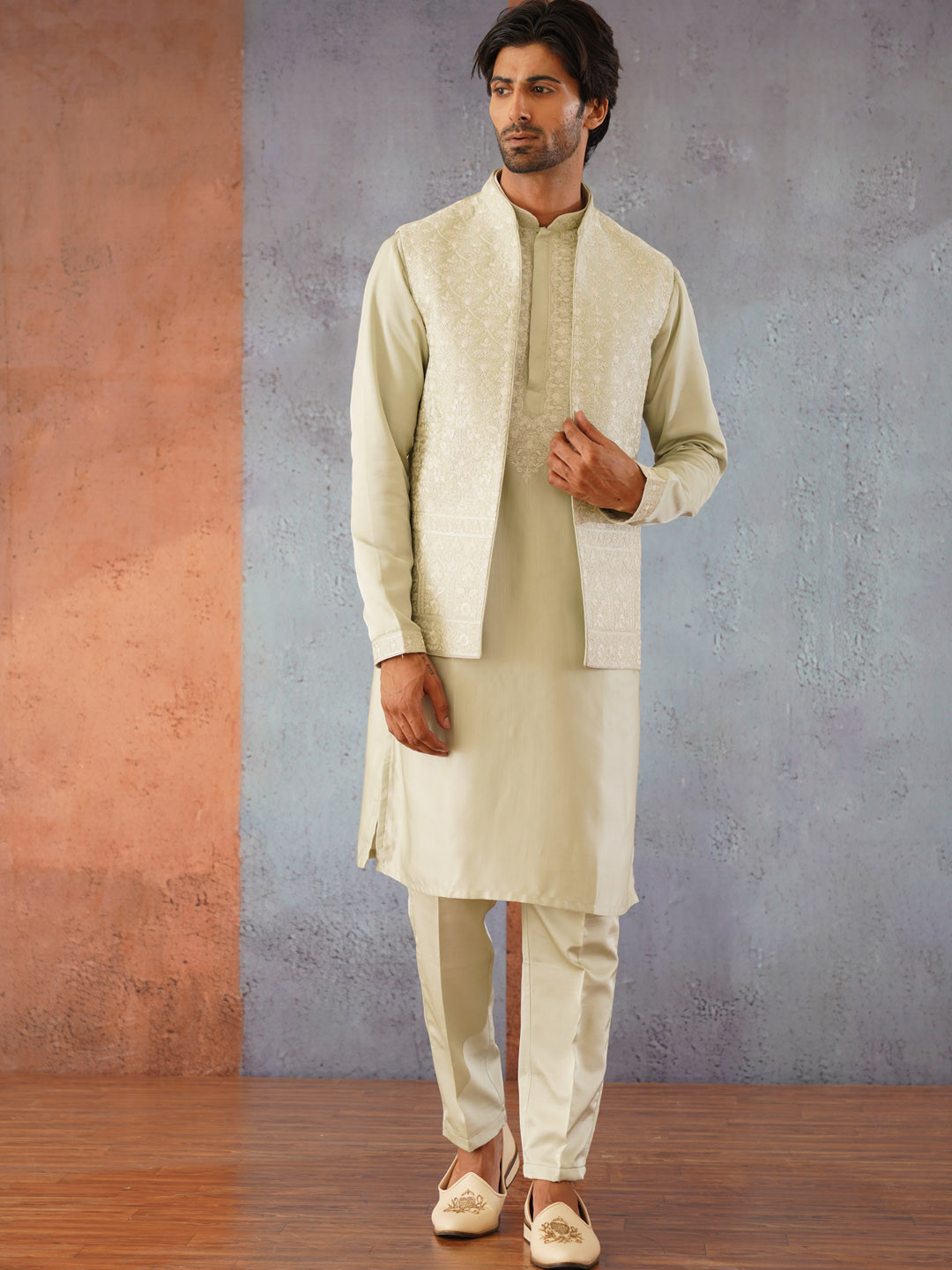 KALPRAAG Mint Green Long Jacket Kurta Set