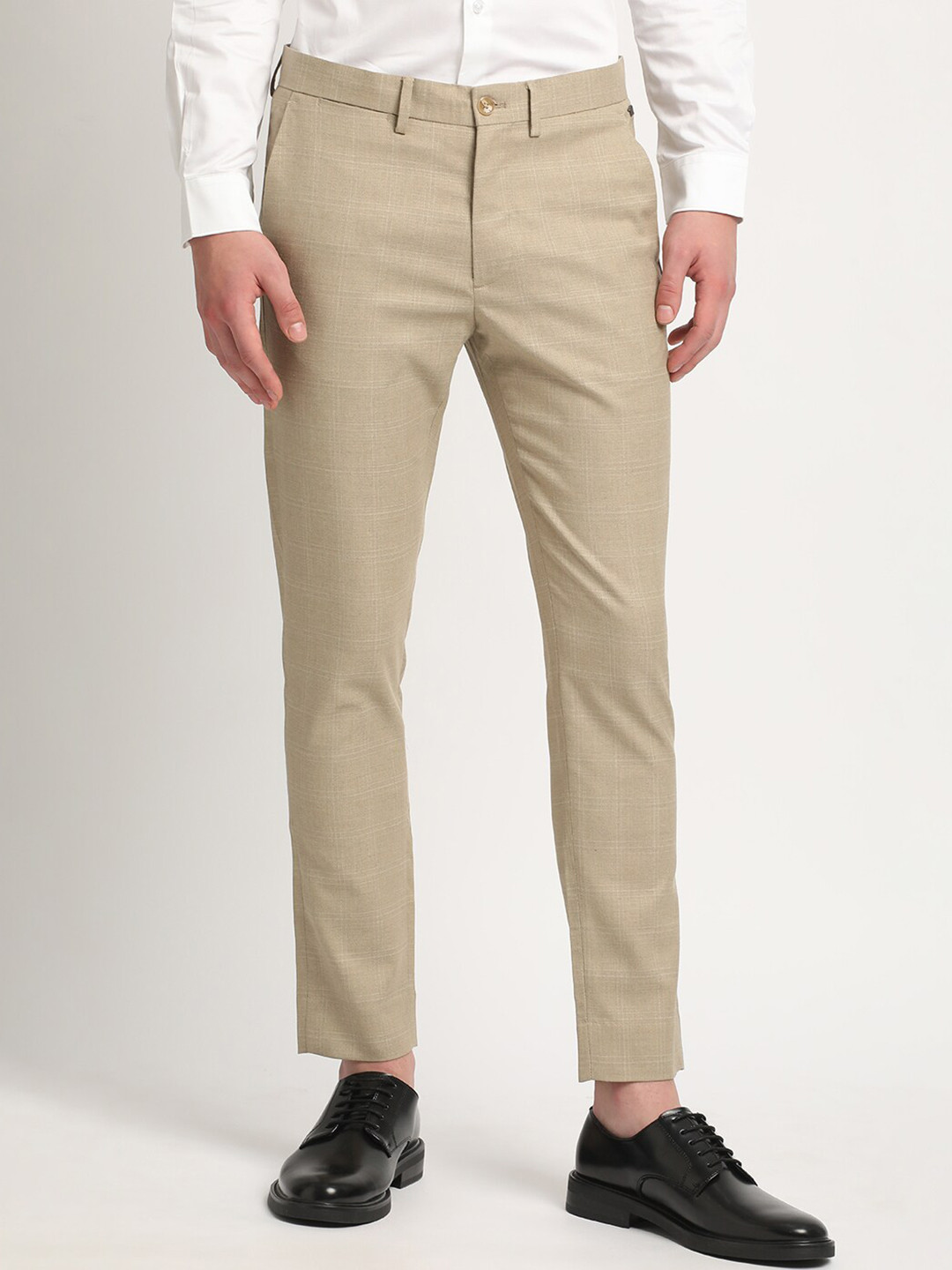 THE BEAR HOUSE Men Solid Checked Tapered Fit Mid-Rise Formal Trousers