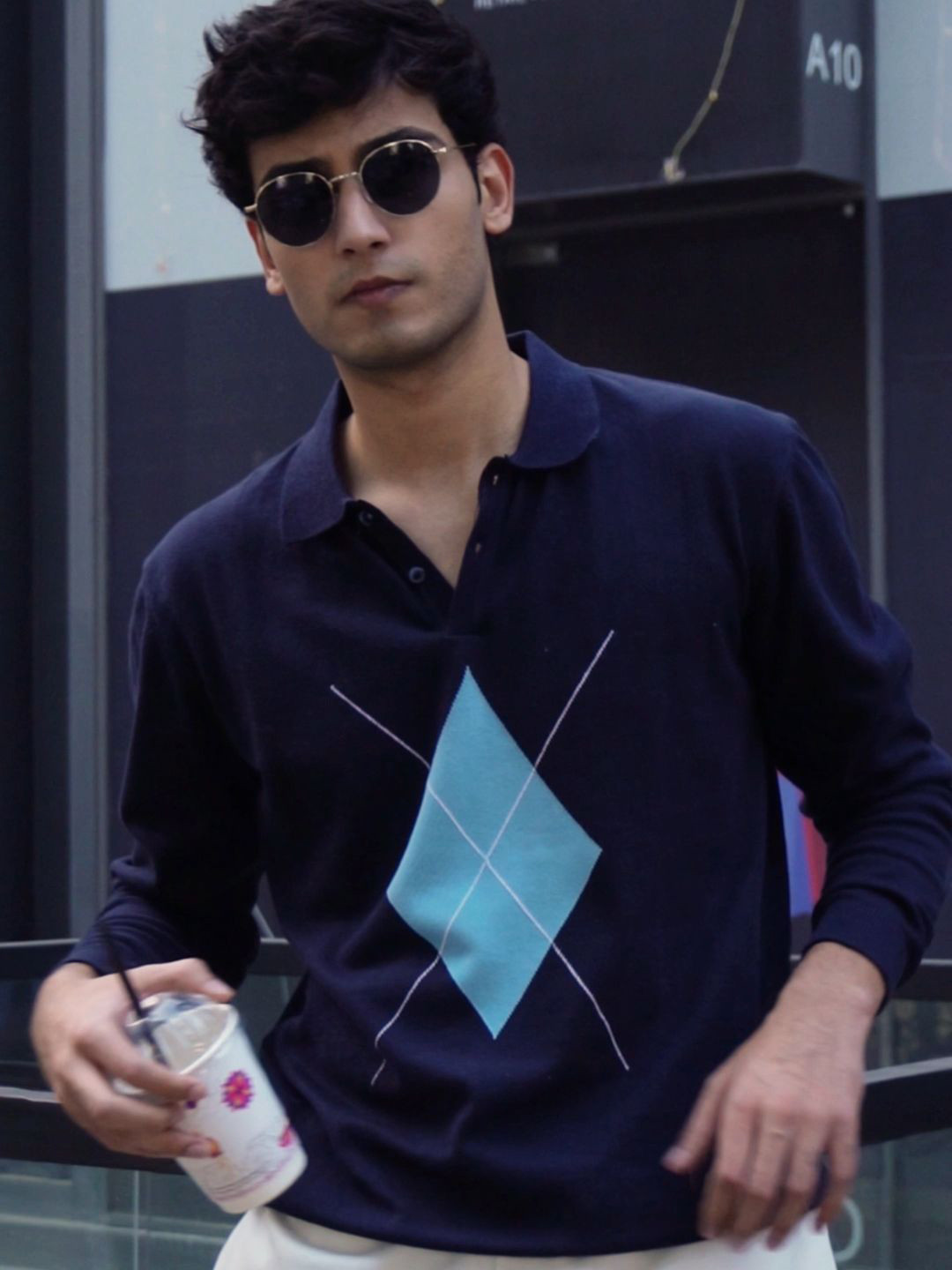 ARMISTO Argyle Polo Collar Pure Cotton Knitted T-shirt