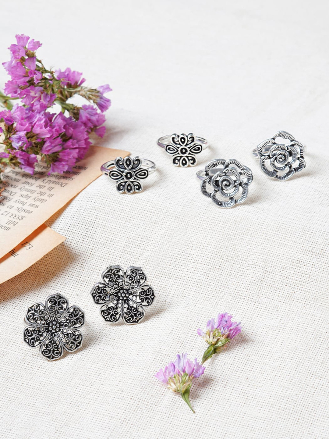 TEEJH Set Of 3 Silver Plated Stone Studded Toe Rings