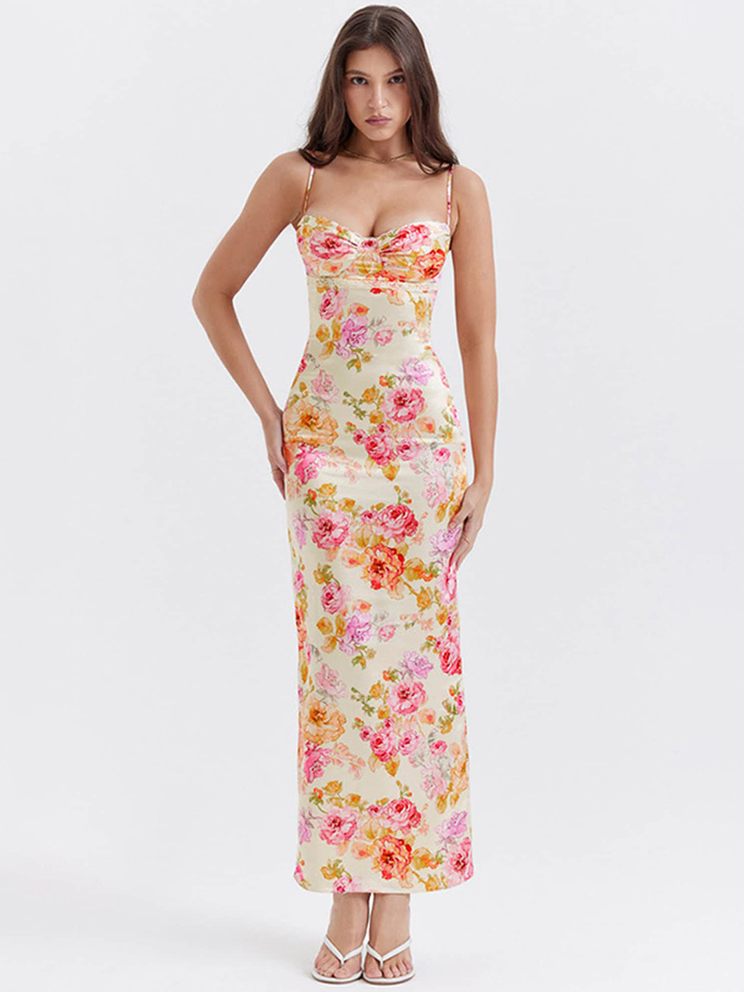 LULU & SKY Floral Printed Shoulder Straps Gathered Detail Sheath Dress