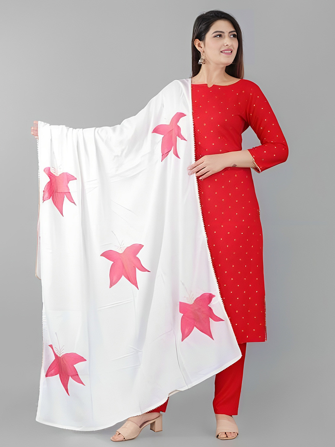 ao services Women Red Printed Regular Kurta with Palazzos & With Dupatta