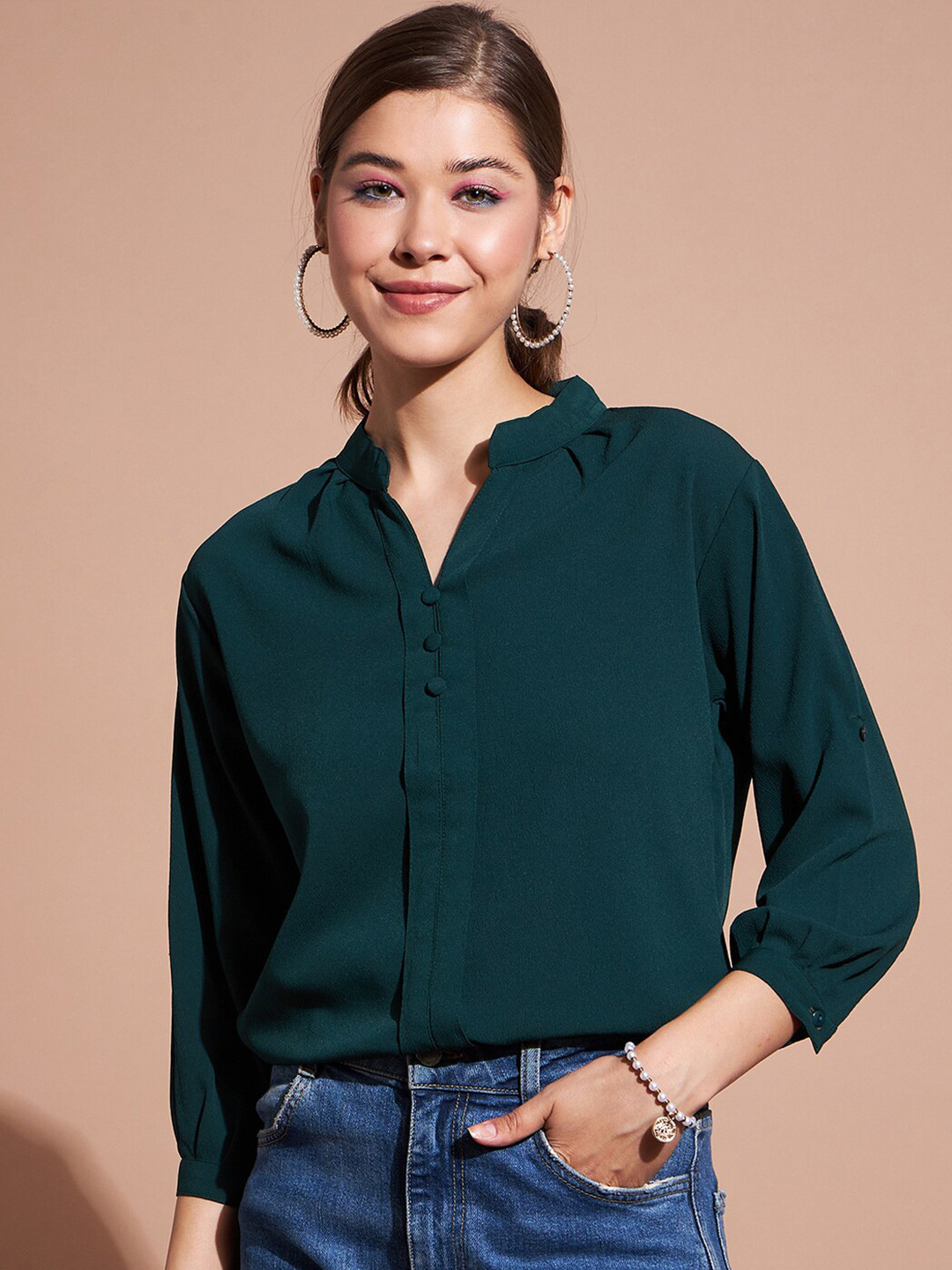 DressBerry Teal Green Mandarin Collar Cuffed Sleeves Shirt Style Top