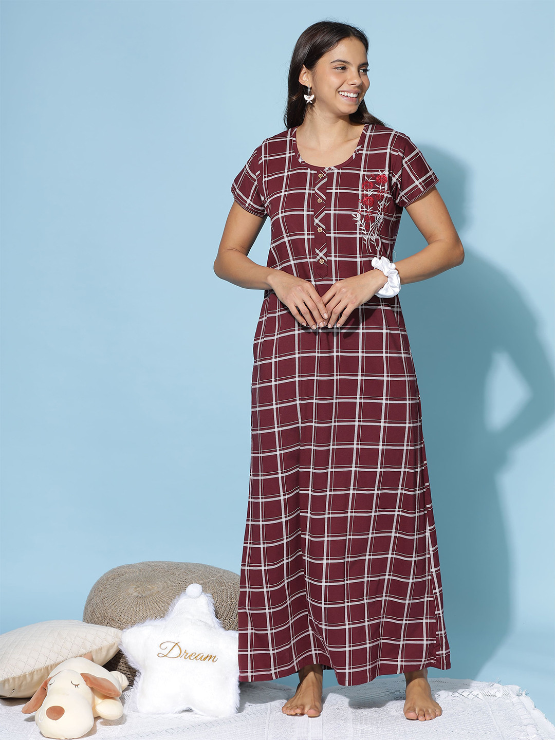 9shines Label Checked Round Neck Pure Cotton Maxi Nightdress