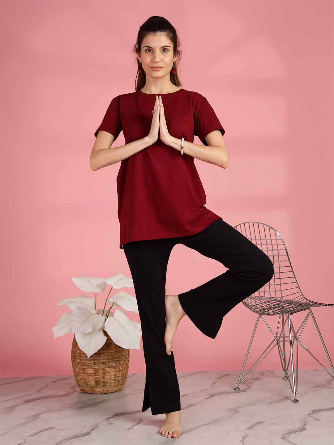 9shines Label Women Maroon round Neck Solid Lounge T-shirt