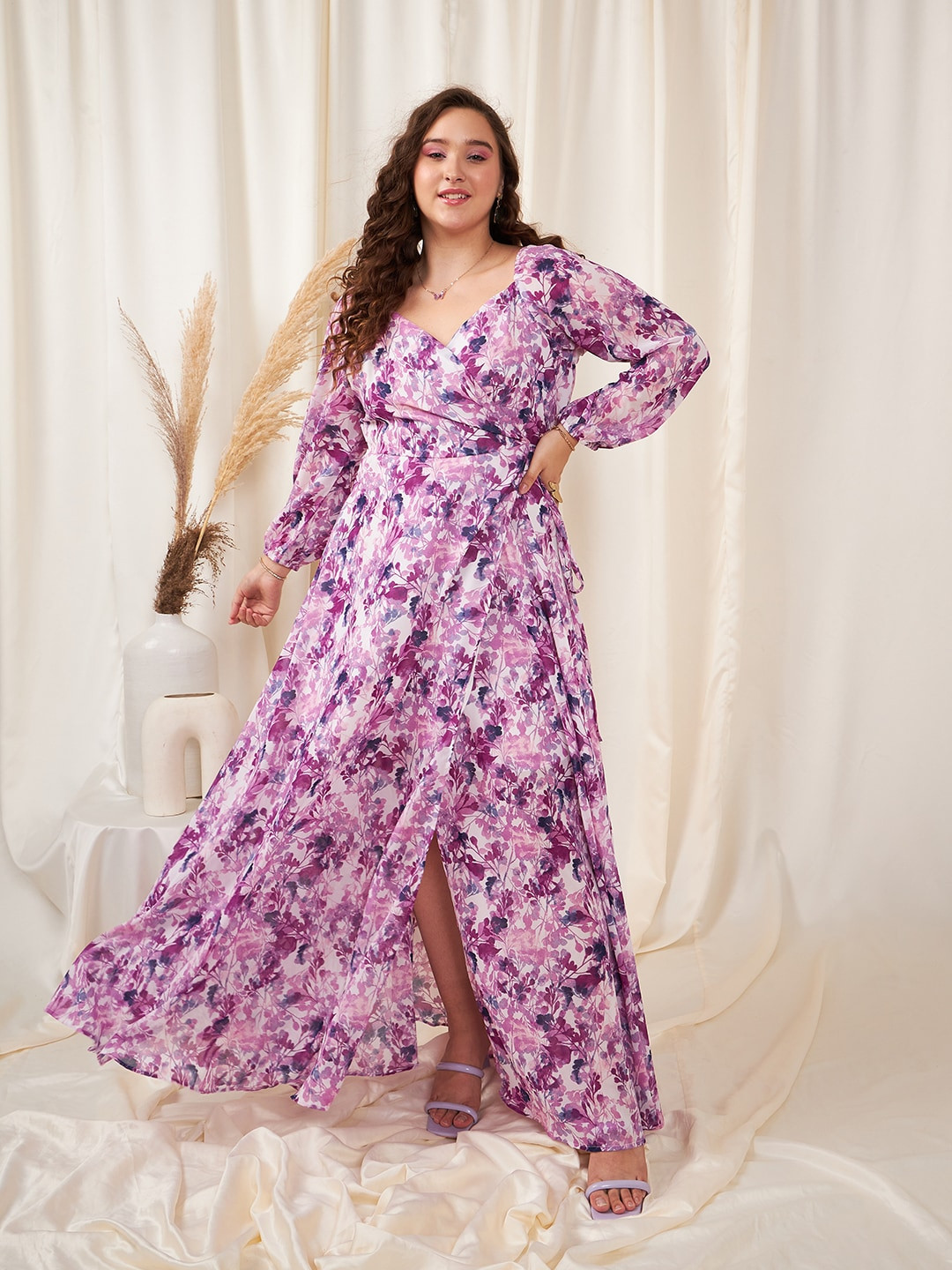 Berrylush Curve Plus Size White & Purple Floral Printed Waist Tie-Ups Wrap Maxi Dress