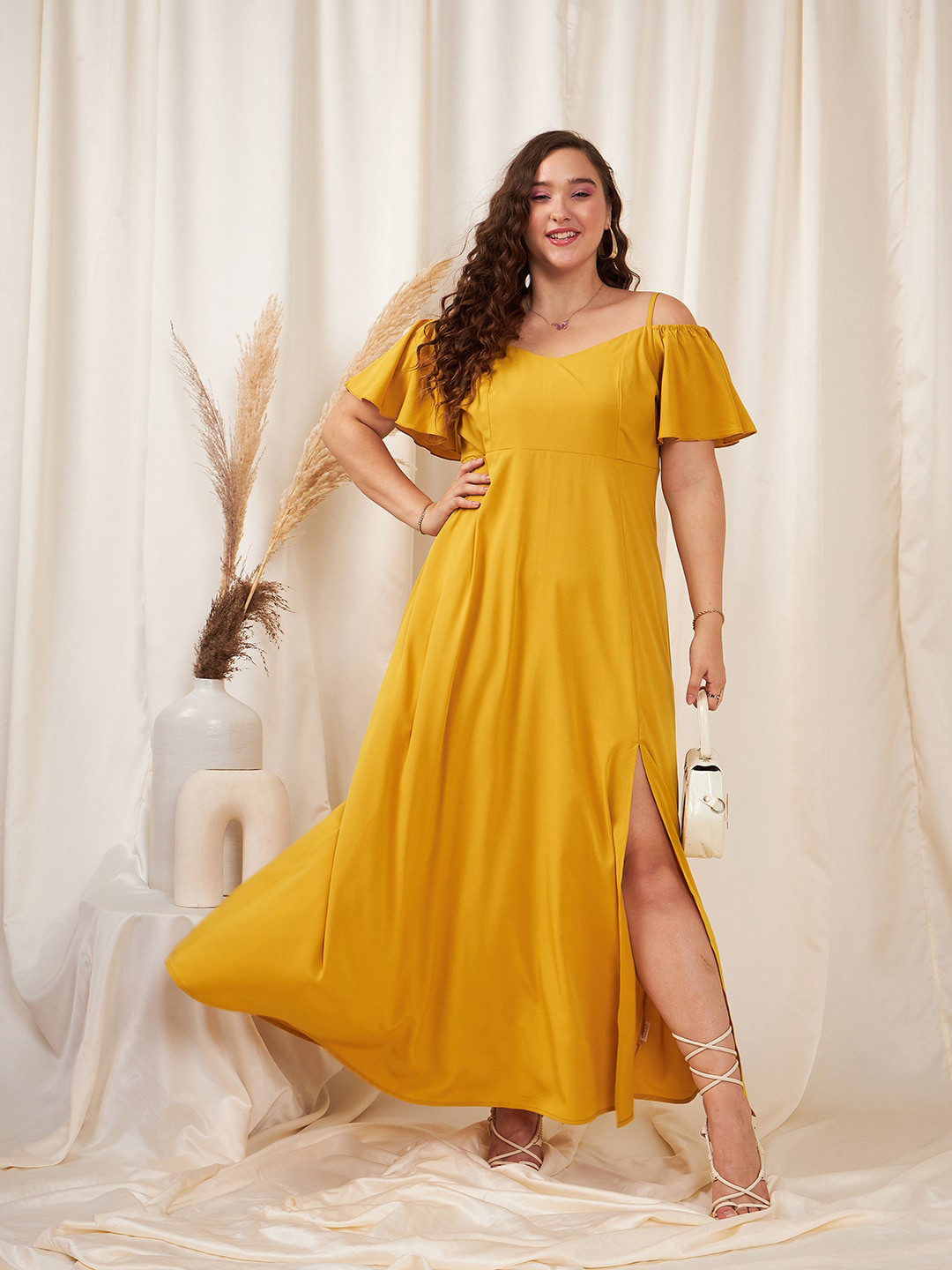 Berrylush Curve Yellow Plus Size Shoulder Straps Cold Shoulder Sleeves Maxi Dress