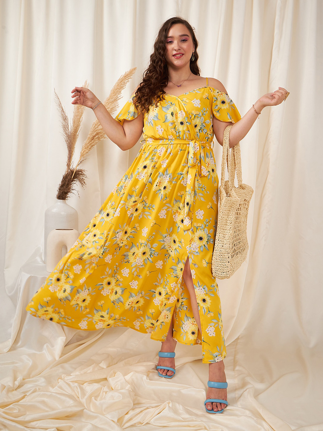 Berrylush Curve Yellow Plus Size Floral Printed Fit & Flare Maxi Dress