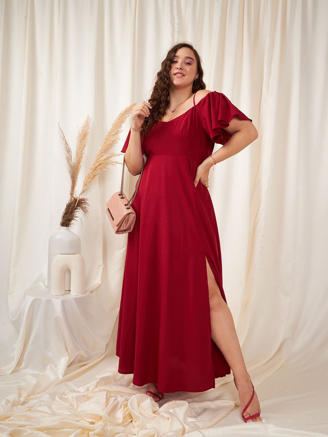 Berrylush Curve Red Plus Size Shoulder Straps Cold Shoulder Sleeves Maxi Dress