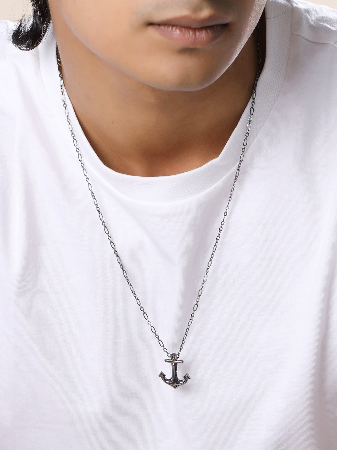 Kicky And Perky Men 92.5 Sterling Silver Anchor-Shaped Pendant With Chain