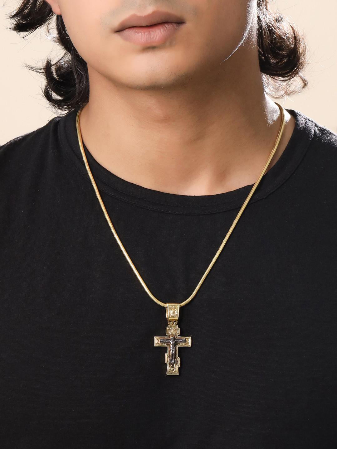 Kicky And Perky Men Gold-Plated Divine Cross Pendant With Chain
