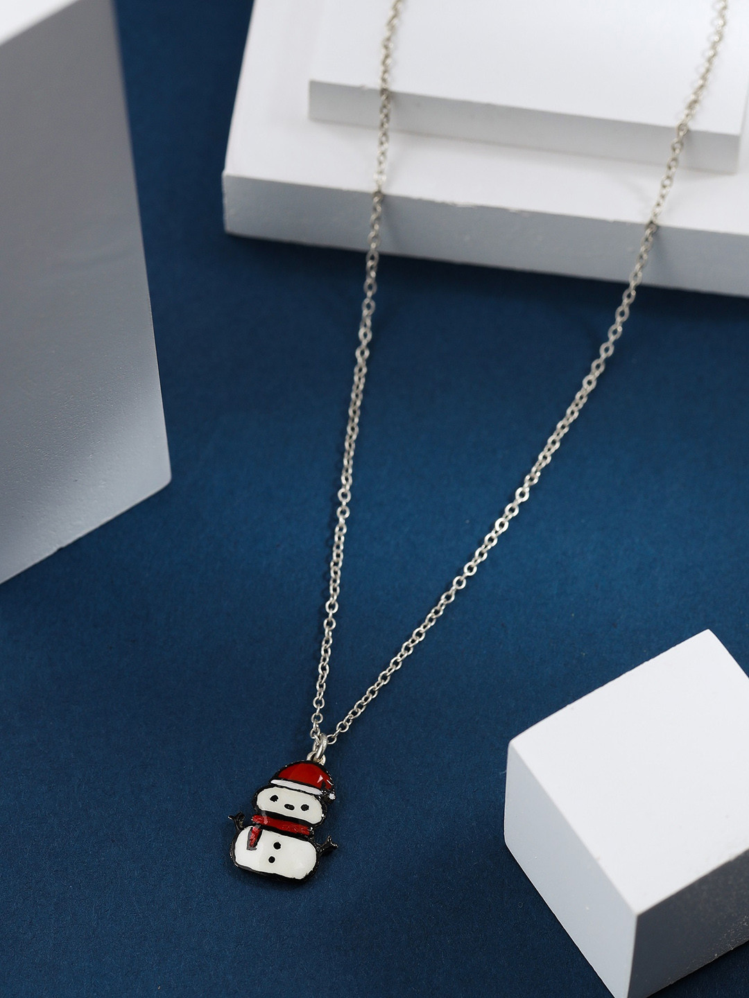 Kicky And Perky Kids 925 Sterling Silver Enamelled Snowman Pendant With Chain