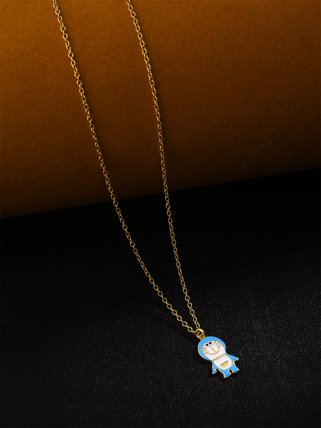 Kicky And Perky Kids 925 Sterling Silver Gold-Plated Enamel Doremon Pendant With Chain