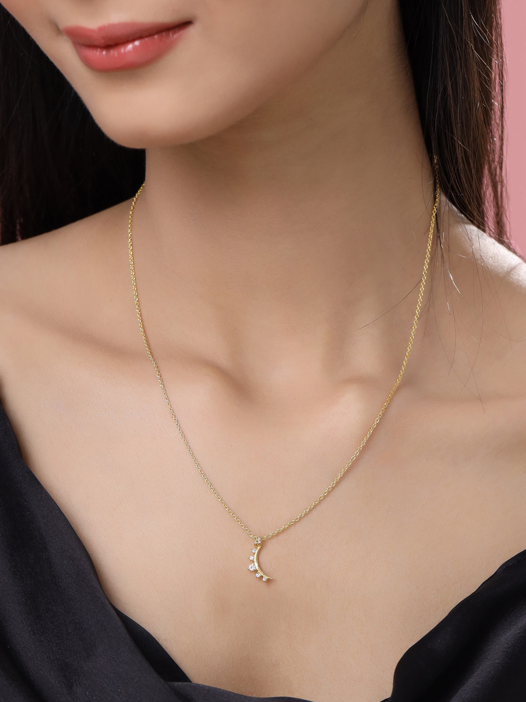 Kicky And Perky 925 Sterling Silver Gold-Plated Moon Pendant With Chain