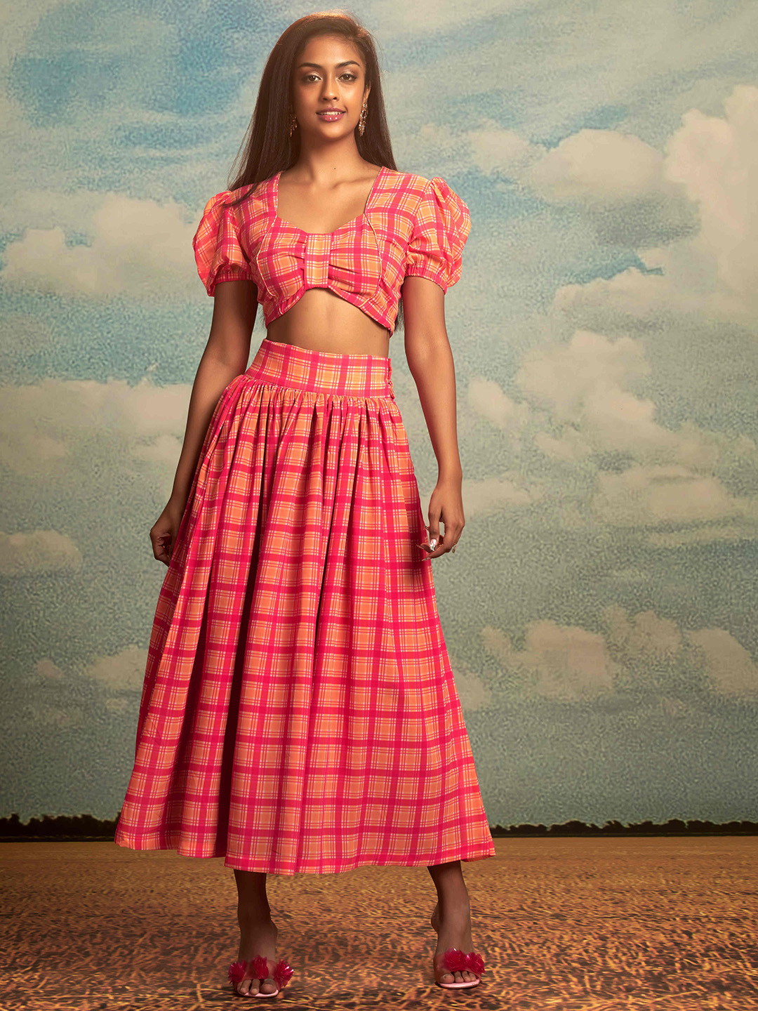 RAISIN Checked Scoop Neck Puff Sleeve A-Line Skirt Co-Ords