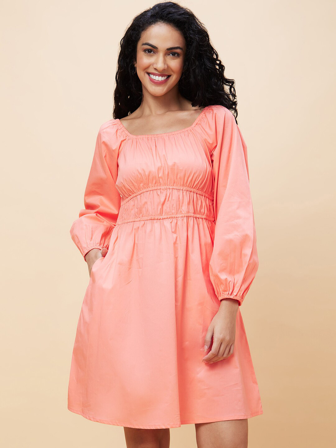 Globus Peach Square Neck Puff Sleeves Gathered Cotton Fit & Flare Dress